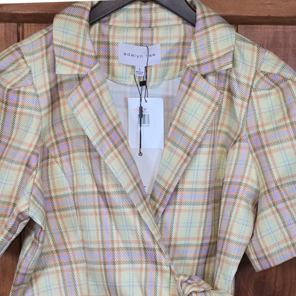 Adelyn Rae Plaid Wrap Blazer Jumper Short Sleeve Tie Waist Sz‎ L